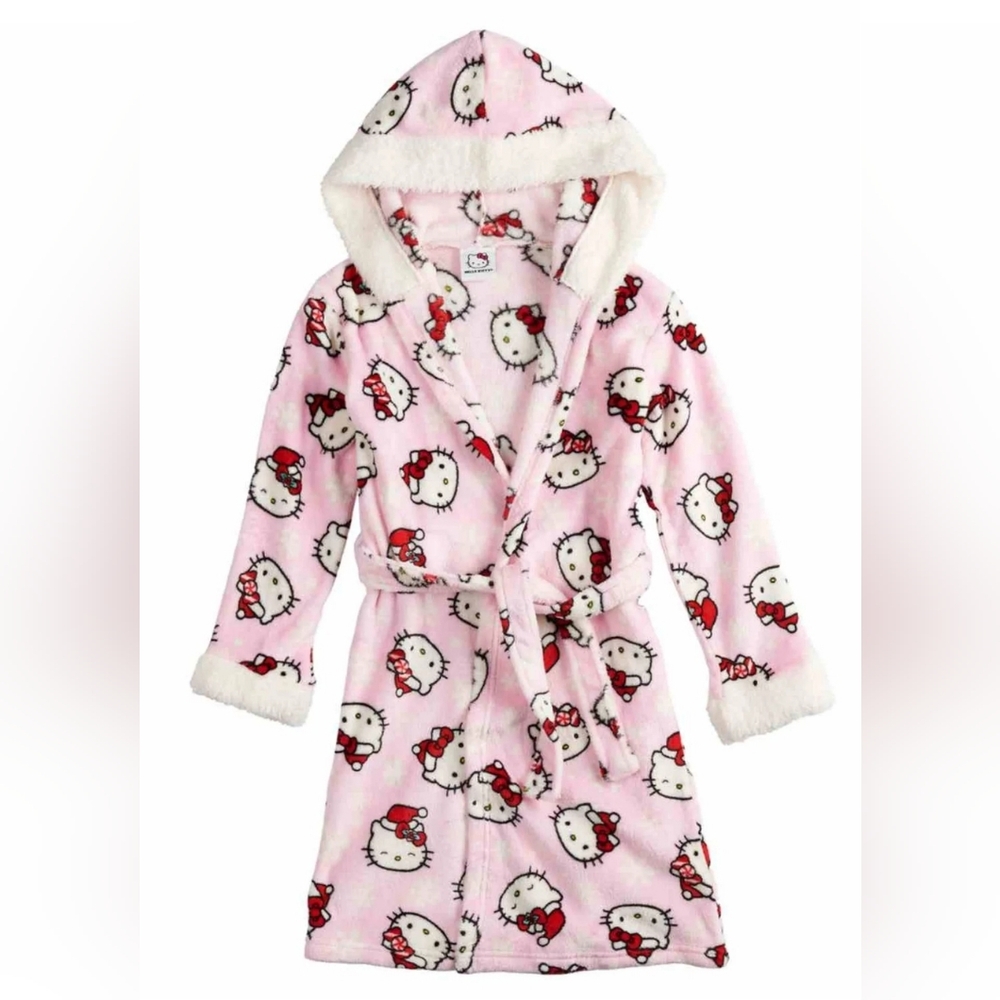 Set of 2 Girls Plush Light Pink & White Hello Kitty Bath Robe Cat Housecoat